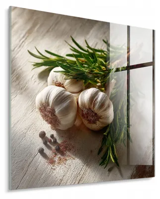 Obrázok produktu pre STYLER, sklenená obrazová tabuľa, 30x30 cm, motív: zhluky cesnaku, rozmarín, kuchyňa, dekorácia na stenu, vhodná do kuchyne a jedálne