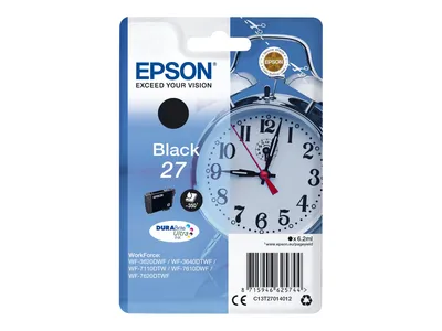 Produktbild von Epson Alarm clock Singlepack Black 27 DURABrite Ultra Ink, Standardertrag, Schwarz, Tinte auf Pigmentbasis, 6,2 ml, 1 Stück(e), 350 Seiten