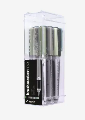Produktbild von karin BrushmarkerPRO, Schwarz, Dunkles Grau, Grün, Grau, Hellgrau, Mehrfarbig, 12 Farben, Rund, Box, Kunststoff