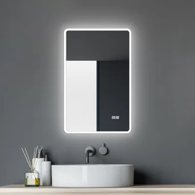Produktbild von LED Badspiegel 45×70 cm, Alurahmen, Licht neutralweiß, IP24, Digitaluhr