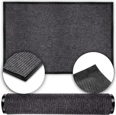 A collage showing a doormat from different angles, including a close-up of its texture and a rolled-up view.