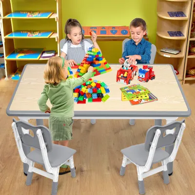 Produktbild von YZNAHRE Kindertisch mit 4 Stühlen Plastik Kindersitzgruppe Kinder Tisch Stuhl Set Höhenverstellbar Sitzgruppe Maltisch Kindermöbel für Jungen Mädchen ab 2 Jahre, Grau