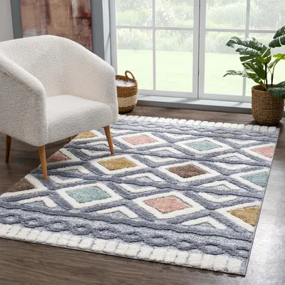 Produktbild von Teppich Hochflor Wohnzimmer - 80x150 cm - Boho-Chic Ethno Multi - Hochtief-Muster/ 3D-Effekt