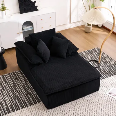 Image de OKWISH Méridienne - Méridienne Canapé Dossier Haut avec Accoudoirs Larges, Assise Confortable en Velours Côtelé, Noir 177x122x92 cm
