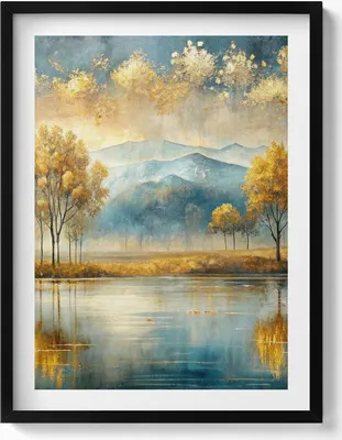 Produktbild von Abstrakte Landschaft mit goldenen Bäumen an einem See– Wandbild mit Rahmen – Gerahmtes Bild  – Wanddekoration – 60x80 cm –  Schwarz Rahmen