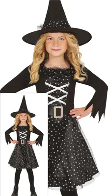 Produktbild von Hexen Kostüm Hut Kleid Gürtel Halloween Festlich Schwarz Silber, Größe: 128/134 Farbe: Schwarz