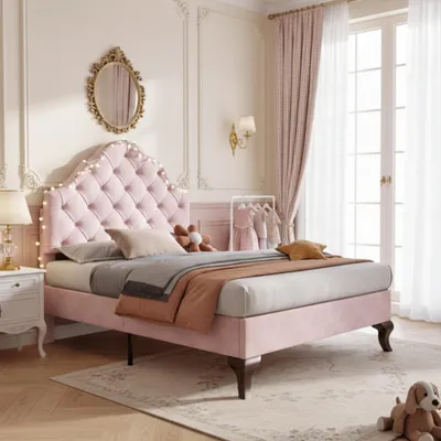 Produktbild von Polsterbett mit höhenverstellbarem Kopfteil & Lattenrost, Holzlattenunterstützung, Samt, einfache Montage, ideales Jugendbett, Einzelbett 90x200, Rosa