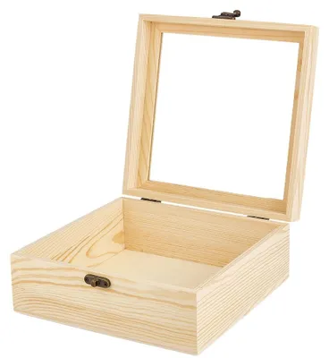 Holzkiste 20x20x8 cm mit Glasdeckel, Schmuckaufbewahrung