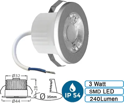Produktbild von 3w Mini LED Einbauleuchte Einbaustrahler Einbauspot Spot 6500K Kaltweiß 240 Lumen 230V Anschluss Schutzart IP54 Silber