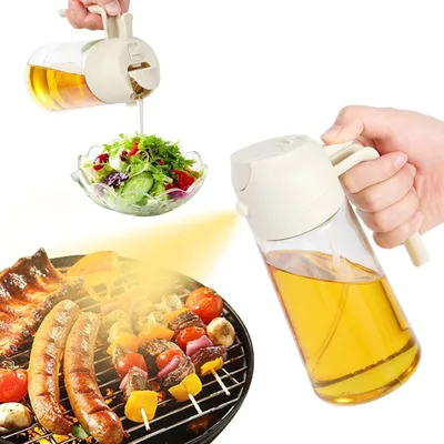 Produktbild von Öl Sprühflasche, 2 in 1 Ölsprüher für Speiseöl Ölspray, 470ml Ölsprüher für Heißluftfritteuse zum Küche, Grillen, Heißluftfritteuse, Salat, Backen, Weiß