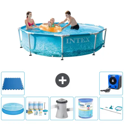 Produktbild von Intex-Schwimmbecken mit rundem Rahmen – 305 x 76 cm – Wasserdruck – im Lieferumfang enthalten Sonnensegel - Wartungspaket - Filterpumpe für Schwimmbad - Filter - Reinigungskit - Bodenfliesen