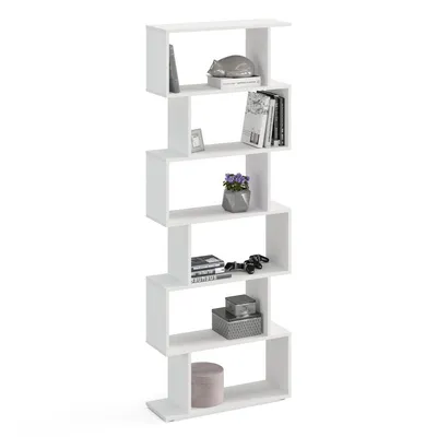 Produktbild von Komto Bücherregal - Raumteiler Regal Standregal Holz und Hoch mit 6 Ebenen S-Förmiges Modern Hochregal Aktenregal Büroregal 191x70x24 cm Weiß