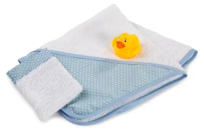 Obrázok produktu pre Kúpeľná sada pre bábiky Asi s uterákom, žinkou a káčerkou – kúpeľné hračky