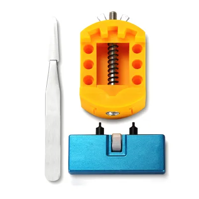 A set of watch repair tools, including a pair of tweezers, a yellow watch case back opener, and a blue watch band adjustment tool, are displayed against a white background.