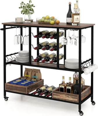 A multi-tiered bar cart with wine bottles, glasses, plates, and other accessories.