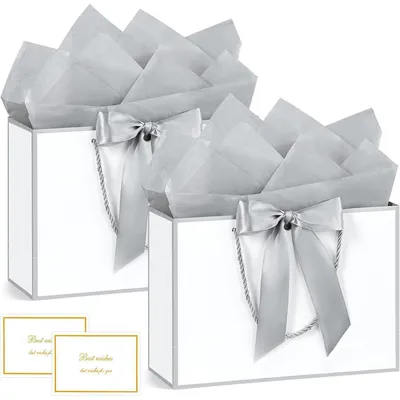 Productafbeelding van Geschenktassen met handvat, 2 stuks, wit met zilveren rand, inclusief wenskaarten en zijdepapier