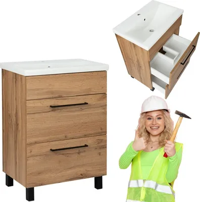 A collage of a bathroom vanity and a person dressed as a construction worker.