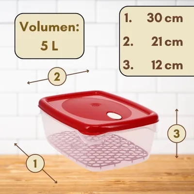 A clear plastic food storage container with a red lid, shown on a wooden surface with a white tiled background. Dimensions and volume are indicated with text and arrows.