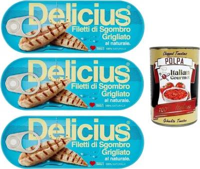 Produktbild von 3x Delicius Filetti di Sgombro Grigliati al Naturale,Natürliche Gegrillte Makrelenfilets,reich an Omega 3,Hochwertiger Blauer Fisch,110g Dose + Italian Gourmet Polpa di Pomodoro 400g Dose