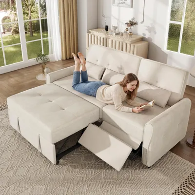 Obrázok produktu pre Rozťahovacia sedačka Merax pre 3 osoby, multifunkčná sedačka 3 v 1 z materiálu chenille, sedačka s nastaviteľnou opierkou, možnosťou rozloženia na lôžko, s podnožkou a 3 vankúšmi, farba: béžová