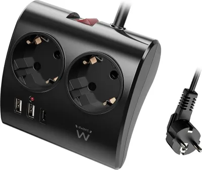 Produktbild von Ewent Stecker de Mesa mit 2 Schukosteckdosen und 2 USB-A und 1 USB-C Anschluss, 3680W Ein/Aus Schalter, Überlastungsschutz, Schukostecker de 16 A und Cable de 1,5 m, Farbe Schwarz