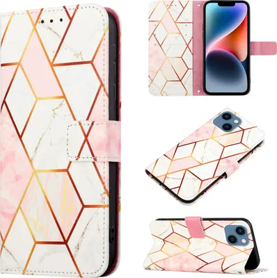Produktbild von iPhone 15 Hülle, Marmor Motiv Kunstleder Tasche Wallet Kartenfächer mit Standfunktion Klapp Schutzhülle für iPhone 15 Roségold