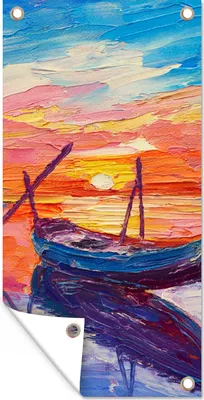 Produktbild von MuchoWow® 30x60 cm Outdoor-Poster Gartendeko Sichtschutz Garten Poster für den Garten  Malerei - Boot - Ölfarbe - Wasser