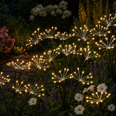 Obrázek produktu pro Solární světla LUMILED pro venkovní použití, 4 kusy. Solární lampy "Pusteblume" s 80 LED diodami, výška 70 cm. Solární zahradní svítidlo s 2 režimy, stupeň krytí IP44, teplá bílá barva (2700K). Osvětlení pro zahradu, terasu, balkon, dvorek, cestu. Sada 4 kusů. Svítidlo pro osvětlení cest a zahrad