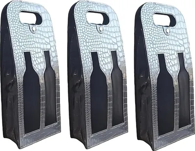 Produktbild von 3 x Geschenktasche aus Kunstleder mit Doppel-Ausschnitt Schwarz | Weintasche mit Ausschnitt für 2 Weinflaschen |  wiederverwendbare Geschenktüte | Weinbeutel | Tragbare Flaschentasche für Wein, Sekt