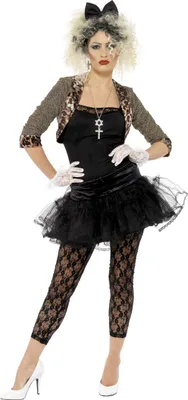 Immagine prodotto di costume da bambina selvaggia anni '80, nero, giacca, top, tutù, leggings, guanti e cerchietto