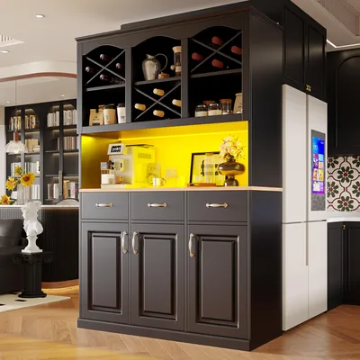 Produktbild von okwish Küchenschrank Snackschrank mit mehreren Staufächern und verstellbare Einlegeböden,Küchenbuffet Hochschrank mit Schrankscharniere und -griffe,Schwarz