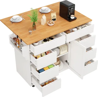 Obrázek produktu pro Kuchyňský ostrůvek, kuchyňská skříňka, výsuvný kuchyňský vozík s kolečky a pracovní deskou, servírovací vozík s policí na koření a 8 zásuvkami, bílá barva