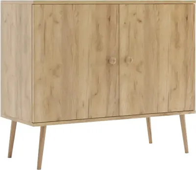 Produktbild von Bettso Kommode mit 2 Türen minimalistisches Sideboard im skandinavischen Stil auf Holzbeinen Griffe aus Jute für Wohnzimmer Schlafzimmer Goldene Eiche