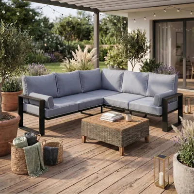 Produktbild von BEAUTYSOFA | VERDINO Gartenecke Blaugrau – Garten Lounge Ecke wetterfest mit Metallrahmen, Outdoor Ecksofa, SIMAX 42