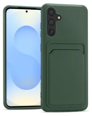 A dark green phone case with a card slot is shown next to a smartphone.