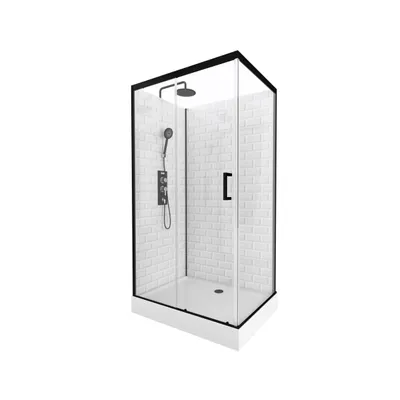 A modern shower cabin with a black frame and white tiled walls, shown against a white background.