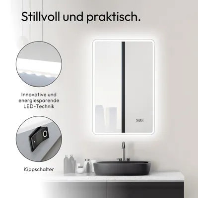 Produktbild von LED Badspiegel 45×70 cm, Alurahmen, Licht neutralweiß, IP24, Digitaluhr