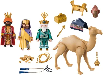 A collection of Playmobil figures and accessories, including three wise men, a camel, and various treasures.