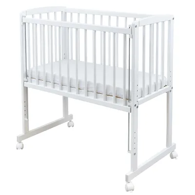 Produktbild von Baby-Delux Beistellbett Stillbett Babybett 90x40 weiß inkl. Matratze Bettwäsche Set komplett Waffelpique Musselin Beige
