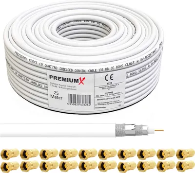 Produktbild von 25 Meter PremiumX DELUXE Koaxial Kabel 135dB 4-Fach Innenleiter 1,02mm REINES Kupfer SAT Antennenkabel 20x F-Stecker