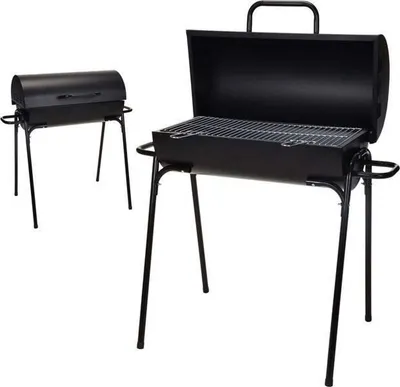 Two black charcoal grills are shown against a white background. The grill in the foreground is open, revealing the grilling grate. The grill in the background is closed.