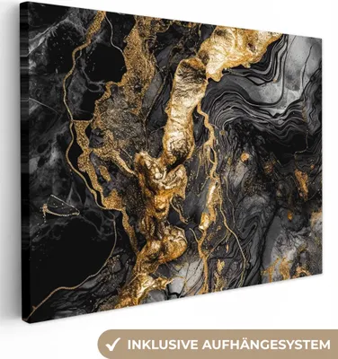 Produktbild von MuchoWow® - Leinwandbilder - Marmor - Schwarz - Gold - Abstrakt, Wandbild, Wanddeko Bilder Wohnzimmer, 80x60cm