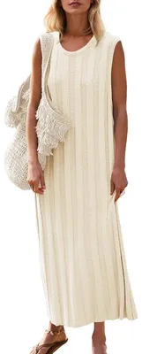 Produktbild von Ärmelloses Sommer-Maxikleid für Damen mit Rundhalsausschnitt und geripptem Stricktop