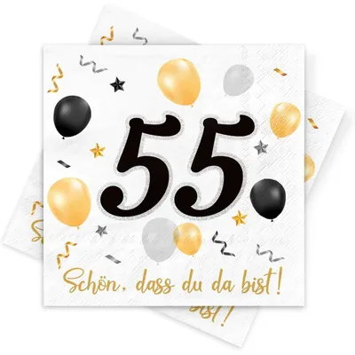 Productafbeelding van Servetten voor 55e verjaardag, 30 stuks, zwart en goud, 3-laags, 33x33 cm