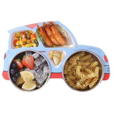 Imagen del producto de Plato de acero inoxidable para niños, con divisiones para una comida práctica y segura, color azul