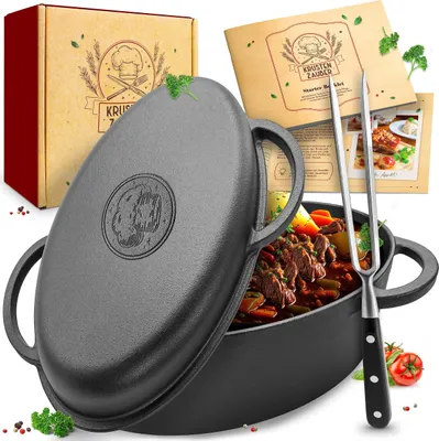 Produktbild von KRUSTENZAUBER 35cm Gusseisen Bräter mit Deckel backofengeeignet [inkl. Fleischgabel] - Gusseisen Topf XXL - Idealer Schmortopf Kazan, Bräter Induktion