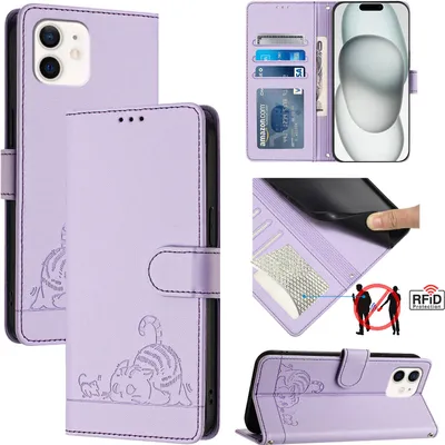 Produktbild von Leder Hülle für iPhone 11 Süße Katze Flip Case Brieftasche Schutzhülle mit Standfunktion Lila