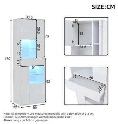 Immagine prodotto di Mobile vetrina - Mobiletto alto in vetro per il soggiorno - Illuminazione a LED - 1 cassetto - 4 ripiani - 55 x 38 x 170 cm