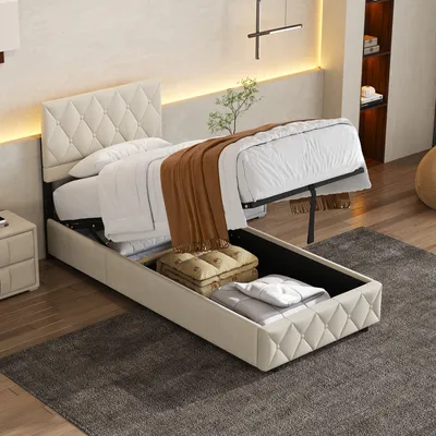 Produktbild von okwish Boxspringbett Polsterbett 90 x 200 cm mit Kopfteil in Knopfnahtverzierung, Hydraulisches Stauraumbett mit Bettkasten Stauraum, Einzelbett Jugendbett mit Lattenrost aus holz und Metallrahmen(Ohne Matratze)- Beige