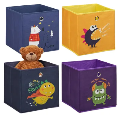 Immagine prodotto di Set da 4 Relaxdays, contenitori per bambini, animali e mostri, contenitori pieghevoli per scaffali a cubi, LxPxA: 30x30x30 cm, tessuto, vari colori, Immagine generata dall'IA
